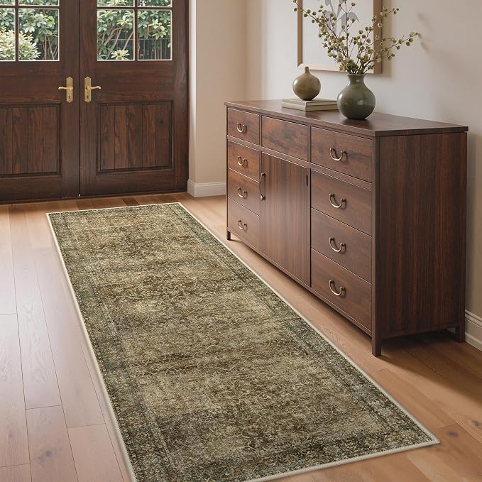 2x6 Washable Runner Rug Non Slip for Hallway, Green | Vintage Floral Print, Lightweight Low Pile Carpet for Kitchen, Bedroom, Bathroom and Laundry Room