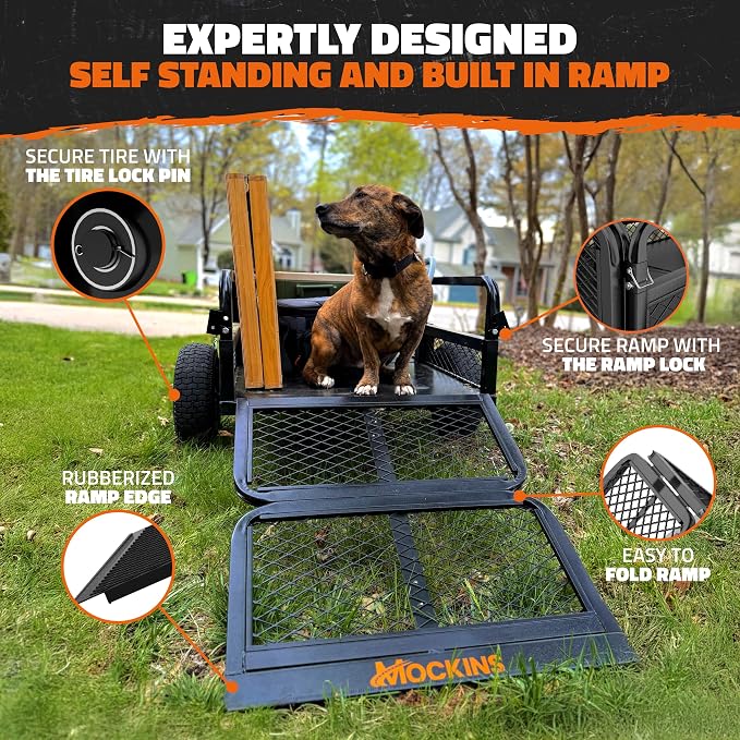Mockins Heavy Duty 750 Lbs. Capacity UTV ATV Utility Trailer w/Cover & Net | Lawn Mower Trailer w/ Ramp, Jack Stand & 16" Wheels | Off-Road Steel Garden Dump Cart for Lawn Tractor , ATV Cart & More