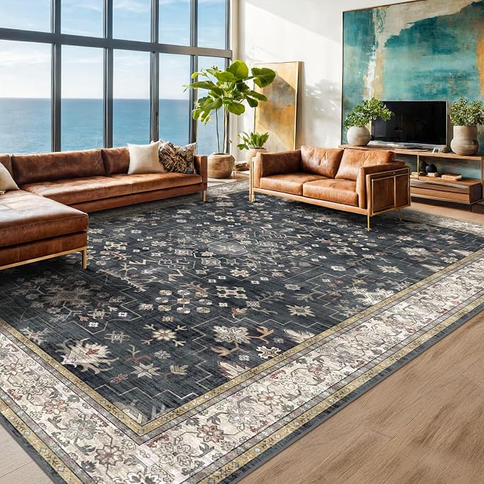 Boho Black Rug for Living Room - Washable 10x14 Area Rug, Dining Room Rugs for Under Table, Soft Low Pile Carpet for Large Bedroom - Farmhouse Decor, Non-Slip & Stain Resistance (10x14 Black/Multi)