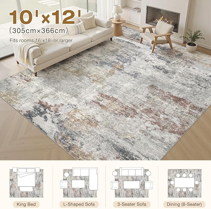 DMOYEST 10x12 Area Rug for Living Room Washable Abstract Indoor Carpet | Neutral Modern Low Pile Rugs Kid & Pet Friendly Large Soft Thin Carpet for Bedroom Dining Room - Grey/Orange/Yellow