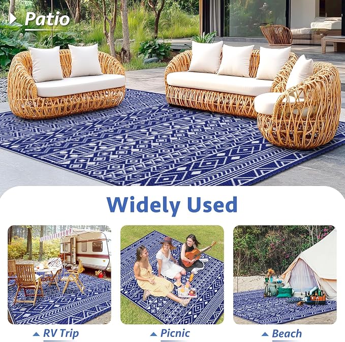 StepLively Outdoor Rug 6x9 ft, Reversible Waterproof Outdoor Plastic Straw Rug, Patio Rug Waterproof, Outdoor Large Area Rug for RV, Camping, Garden, Porch, All-Weather & Easy to Clean(Blue)