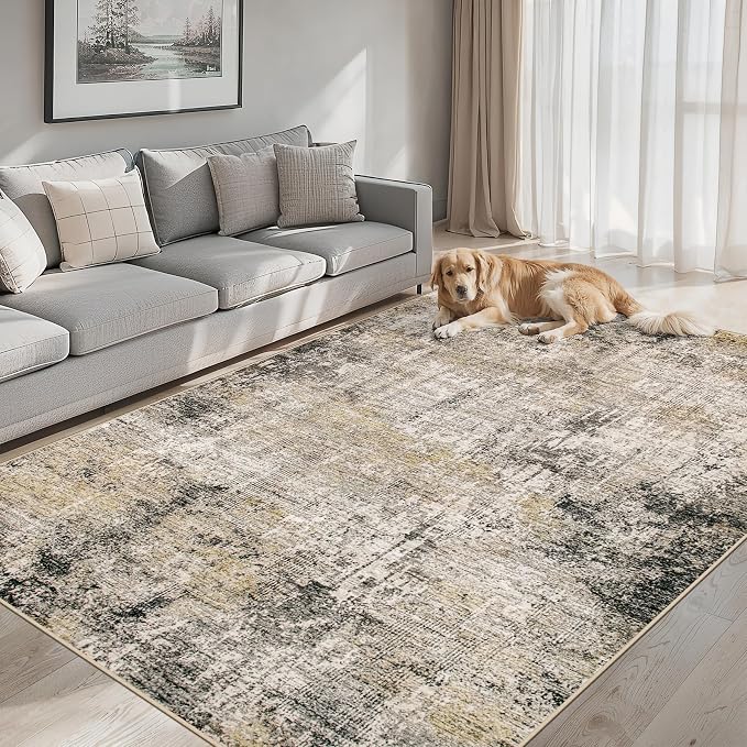 PLHXFR 9x12 Area Rug Living Room: Abstract Washable Carpet Brown Black | For Bedroom Dining Room Farmhouse Nursery Home,Machine washable,Non Slip,Large Soft Neutral,Stain Resistant, Indoor Floor