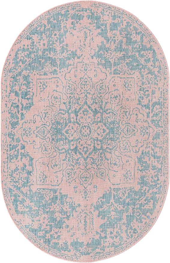 Unique Loom Jill Zarin Jill Zarin Outdoor Collection Area Rug - Dubai (5' 3" x 8' Oval, Pink and Aqua/Light Blue)