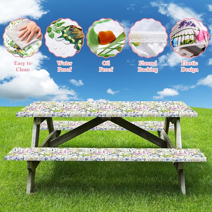 Boao 3 Pcs Vinyl Picnic Table Cover with Bench Cover 6 ft 30 x 72 Inch Waterproof Fitted Tablecloth Flannel Backing Rectangular Elastic Edged for Camping Outdoor Patio Travel(Wildflower)