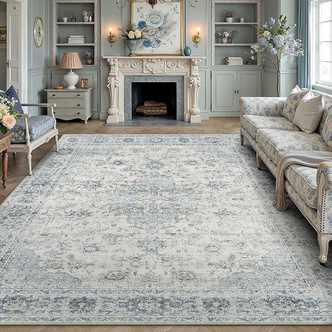 HUGEAR Area Rug 8x10 Machine Washable Living Room Rugs Light Blue Distressed Vintage Floral Low Pile Carpet Bedroom Office Dining Room Laundry Room Non Slip Soft Lightweight