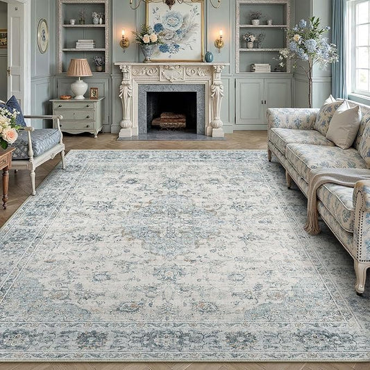 HUGEAR Area Rug 8x10 Machine Washable Living Room Rugs Light Blue Distressed Vintage Floral Low Pile Carpet Bedroom Office Dining Room Laundry Room Non Slip Soft Lightweight