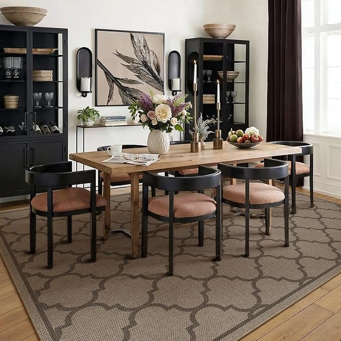 PureCozy 5x7 Geometric Figure Easy Jute Area Rug for Living Room Scalloped Washable Indoor Outdoor Carpet Farmhouse Patio Office Mat Geometric Non Slip Black Carpet for Backyard Dining Room