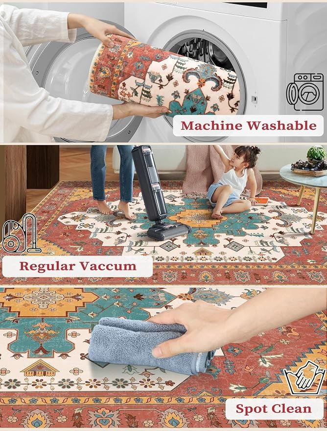 SERISSA 2'6"x10' Washable Non Slip Boho Runner Rug for Hallway，Orange | Ultra Soft Vintage Oriental Carpet Low-Pile Distressed Tribal Floor Carpet for Kitchen Bedroom Bathroom Laundry Room