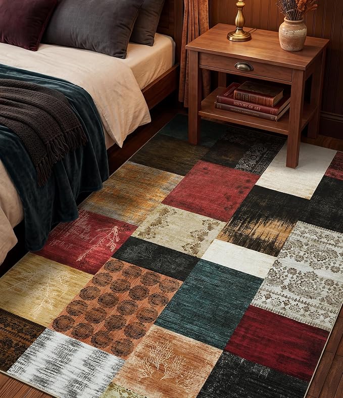 Mid Century Modern Vintage Cowboy Area Rug 3x5 for Bedroom,Retro Patchwork Living Room Rug Non Slip,Red and Brown Floral Farmhouse Rugs Washable, Geometric Boho Rugs for Kitchen,Dining Room