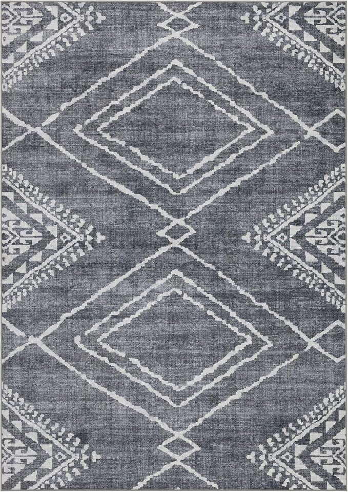 Machine Washable Area Rug - Living Room Bedroom Bathroom Kitchen Entryway Office - Non-Slip Crease Free Stain Resistant Premium - Moroccan Diamond Tribal- Jax - Gray- 2'x 3'