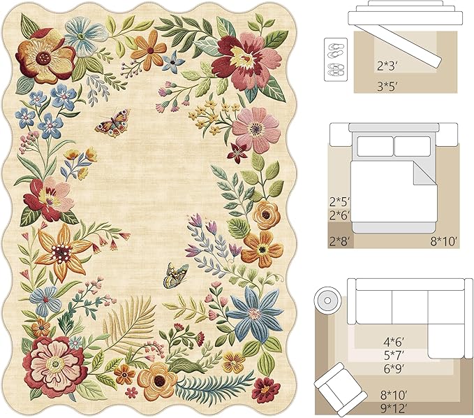 FMFUNCTEX 2x8 Hallway Runner Rug Washable Beige Floral Vintage Scalloped | Flower Colorful Traditional Boho Non Slip Low Pile Pattern Indoor Carpet Entryway Rugs Kitchen Bedroom Laundry Entry Bedside