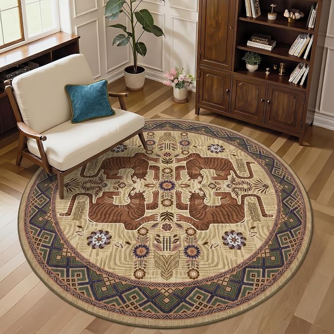 GarveeHome Tiger Round Area Rugs Boho Kids Room Non Slip Washable Vintage | 6ft Camel Animal Print Circle Rugs, Tribal Floor Carpet for Dining Room Entryway Nursery Playroom Office