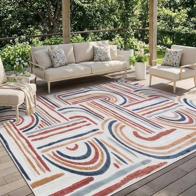 CAMILSON Indoor Outdoor Rug, Multicolor 9x12 Geometric Arch Striped Large Area Rugs for Patio and Home Areas, Easy-Cleaning Non-Shedding Living Room, Garden and Deck Washable Outside Carpet (9 x 12)