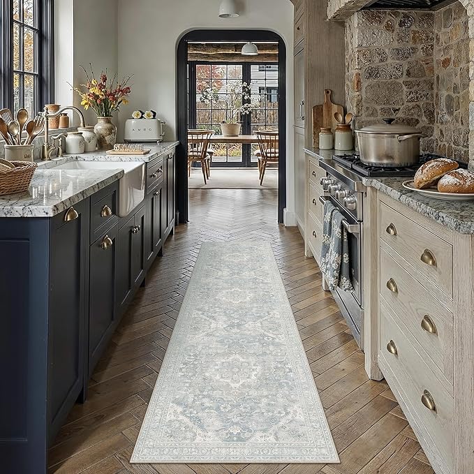 Blue Runner Rug 2x8 Kitchen Vintage Floral Non-Slip Carpet | Machine Washable, Soft, Low Pile, Distressed, for Hallway, Entryway, Laundry Room, Bathroom, Retro Neutral Decor