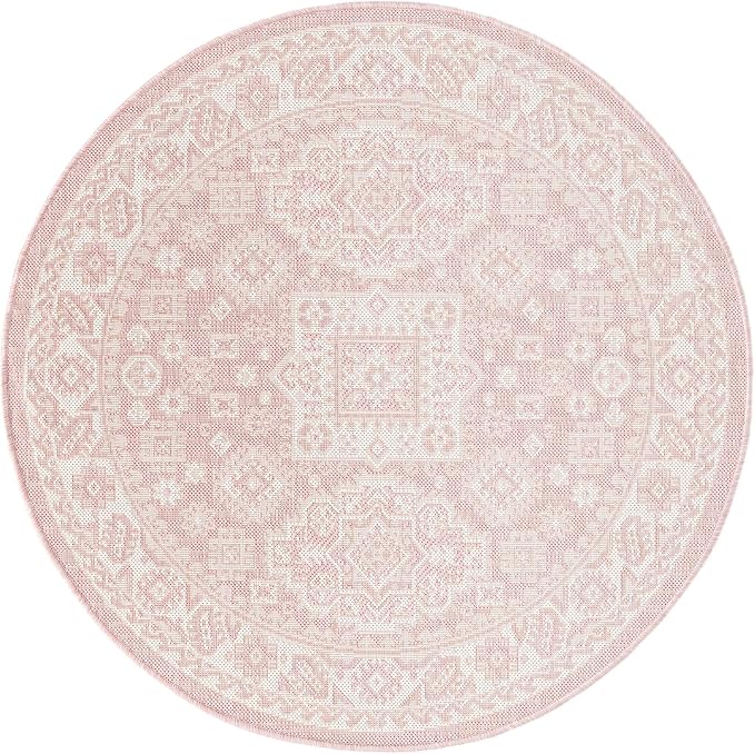 Unique Loom Outdoor Aztec Collection Area Rug - Chalca (4' 1" Round, Pink/ Ivory)