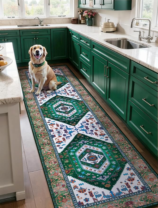SERISSA 2'6"x10' Washable Non Slip Boho Runner Rug for Hallway，Green White | Ultra Soft Vintage Oriental Carpet Low-Pile Tribal Floor Carpet for Kitchen Bedroom Bathroom Laundry Room