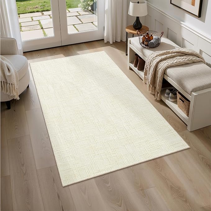 Valenrug 4x6 Area Rug, High-Low Pile Washable Rug for Living Room, Ivory | Soft Fluffy Textured Design, Non Slip & Lighweight, Folable, Stain Resistant Floor Carpet Rug for Living Room,Kitchen, Office