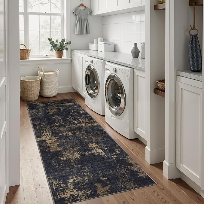 Sasttie 2x8 Runner Rug, Modern Abstract Hallway Carpet, Black & Gold | Machine Washable, Ultra-Soft Faux Wool, Low Pile, Non-Slip, Thin, for Entrance, Entryway, Kitchen & Laundry Room