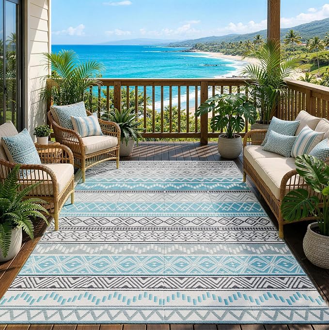 Outdoor Rug 6 x 9 ft, Reversible Plastic Straw Rug for Patio, Waterproof Large Outdoor Carpet for RV, Patio, Camping, Backyard, Deck, Picnic, Beach, Blue & Grey