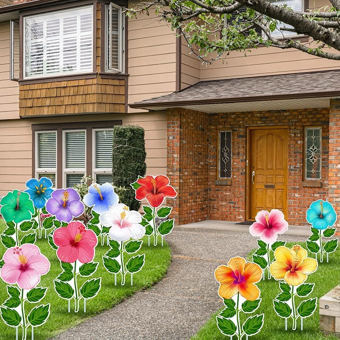 Menkxi 12 Pcs Hawaiian Luau Yard Signs Summer Hibiscus Lawn Sign Tropical Flower Yard Stake Waterproof Luau Outdoor Decorations for Happy Hawaiian Wedding Summer Party Garden Home Decor