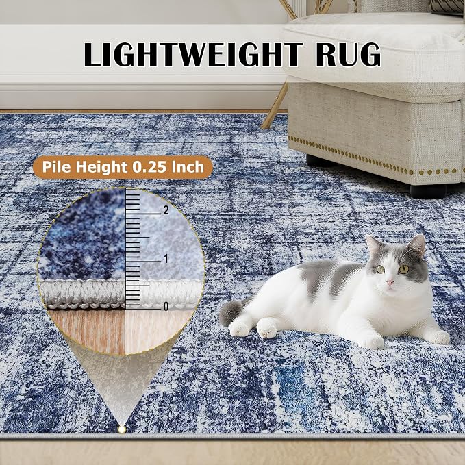 8x10 Washable Area Rug for Living Room Bedroom: Non-Slip Modern Navy Blue | Machine Washable TPR Backing, Stain-Resistant Low Pile, Pet & Kid Friendly, Abstract Decor for Dining Room, Dorm, Home Office