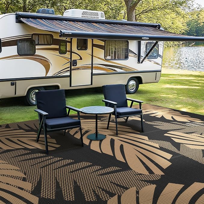 GENIMO Waterproof Outdoor Rug 10' x 14' for Patio Decor, Reversible Plastic Straw Area Rugs for Camping Clearance, RV Mat, Large Outside Carpet for Porch, Deck, Picni, Balcony, Garden, Black & Brown