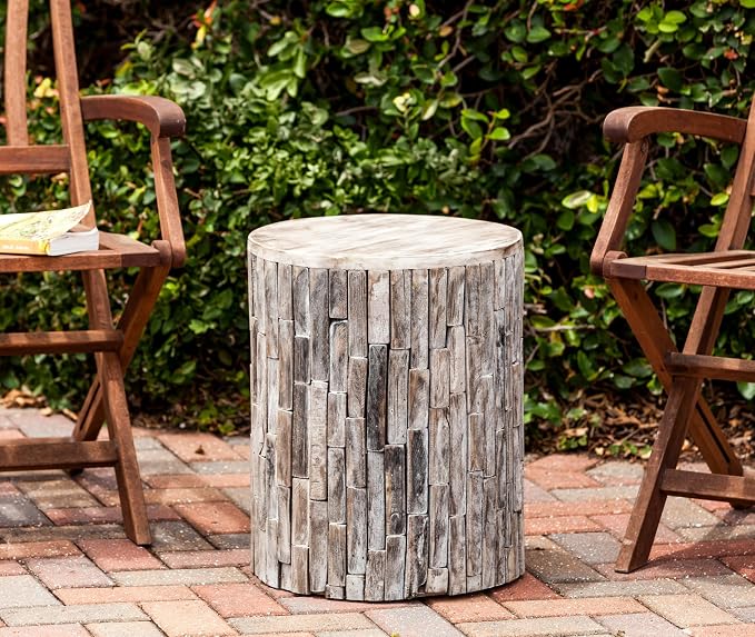 Balkene Home Patio Sense 62420 Elyse Round Rustic Garden Stool Wood Outdoor Seating & End Table Portable Adaptable Outdoor Furniture Ideal for Entertaining, Gardening & Decor - Seasoned Patina Finish