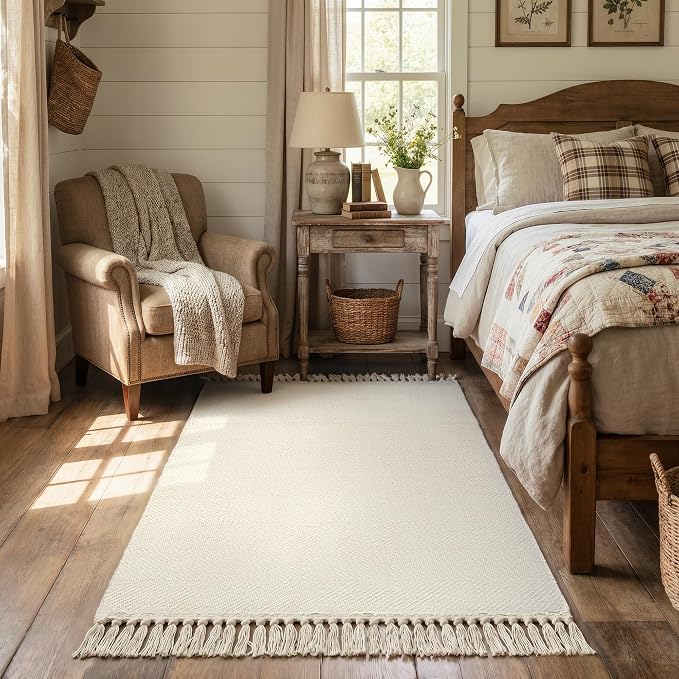 Washable Area Rug 3' x 5', Modern Woven Kitchen Rugs, White/Beige Braided Rug Indoor Door Mat Throw Carpet for Entryway Living Room Nursery Mudroom Laundry Room | Cotton Blend Hand-Woven Bedside Rug, Farmhouse Braided Indoor Door Mat, Reversible Throw ...