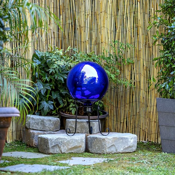 Alpine Corporation 10" Diameter Blue Glass Gazing Globe with 10" Tall Black Iron Stand