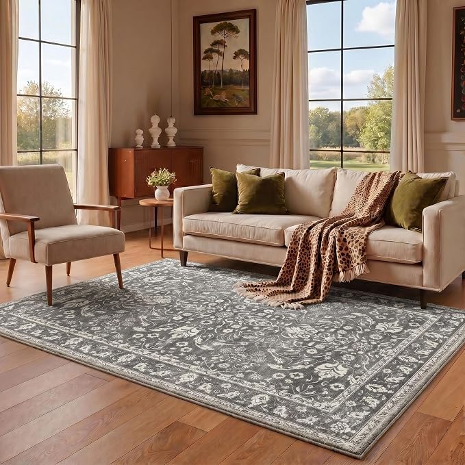 8X10 Living Room Area Rug, Boho Floral Washable Non Slip | Floral Vintage Rug for Bedroom Dining Room, Charcoal Gray Soft Low Pile Faux Wool, Stain Resistant Non-Shedding Pet-Friendly