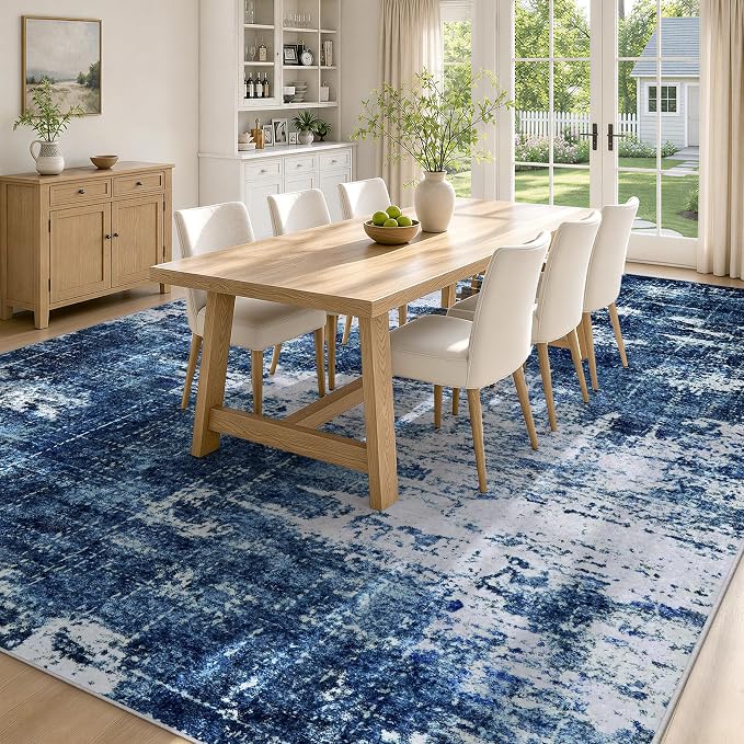 9x12 Washable Area Rug Modern Abstract for Living Room Bedroom Deep Blue | Soft Indoor Carpet,Anti-skid Backing,Water Repellent,Non-shedding, Suitable for bedroom dining farmhouse nursery home office
