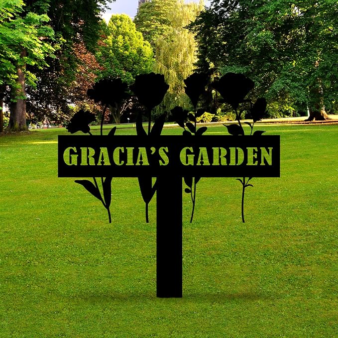 Personalized Flowers Garden Sign with Stakes, Customized Metal Sign for Outdoor, Custom Flowers Metal Garden Decor, Sign for Flower Beds, Metal Yard Art, Patio Garden Decorations, Housewarming Gift
