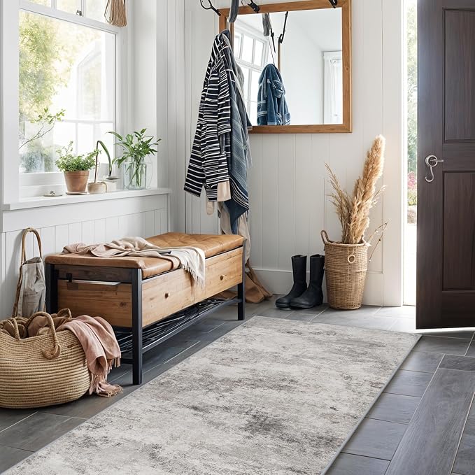 2x6 Washable Abstract Rug Runners: Hallway Non Slip Kitchen Runner Grey | Carpet Low Pile Soft Indoor Floor Mat Front Door for Bedroom Entryway Laundry