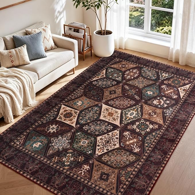 Moroccan Boho Floral Geometric Patchwork Washable 5x8 Large Area Rug | Vintage Distressed Non Slip Throw Carpet for Bedroom Livingroom Kitchen Hallway Entryway Office Dining Room Docer, Brown