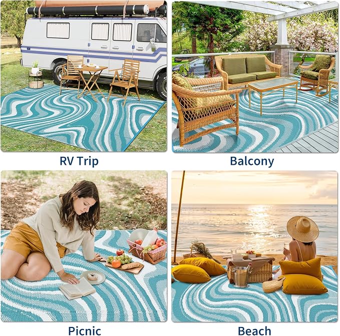 Garvee Large Modern Outdoor Rug 9x12 Patio Rugs Outdoor Waterproof Reversible Plastic Straw Camping Rug, Abstract Outside Rugs for Picnic Backyard Deck Balcony Porch Beach Trailer, Light Blue