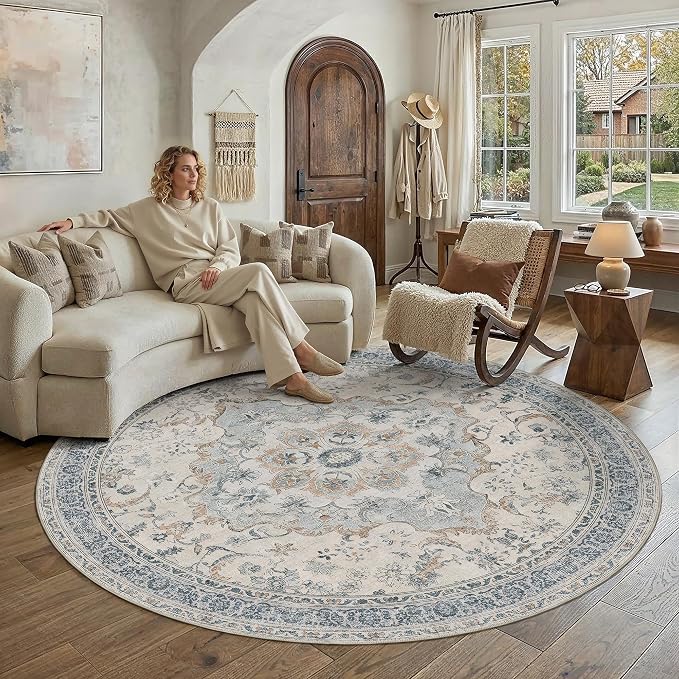 Blue Round Rug 6x6 Living Room Vintage Floral Non-Slip Carpet | Machine Washable, Soft, Low Pile, Distressed, Large for Bedroom, Dining Room, Office, Retro Neutral Decor