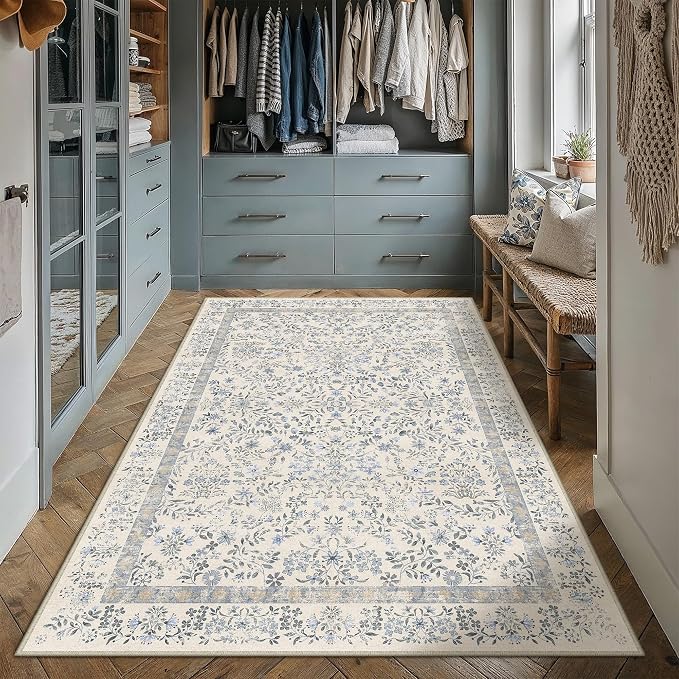 4x6 Blue Floral Small Area Rug Vintage Farmhouse Style | Washable, Non Slip, Soft Low Pile, Indoor Carpet for Bedroom, Nursery, Apartment Living Room, Botanical Decor