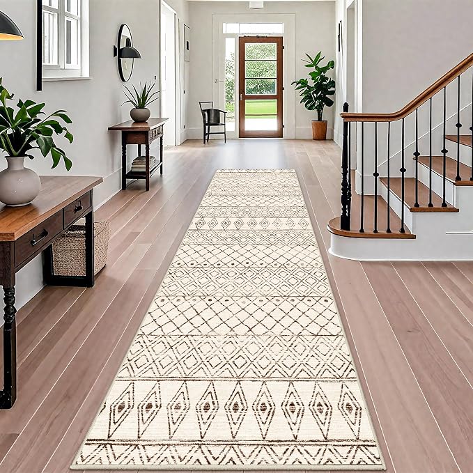 Washable 4x12 Runner Rug Hallway: Moroccan Non Slip Extra Long Rugs Beige | Pets Friendly Runners Low Pile Soft Carpet with Rubber Backing for Kitchen Bedroom Entryway Laundry