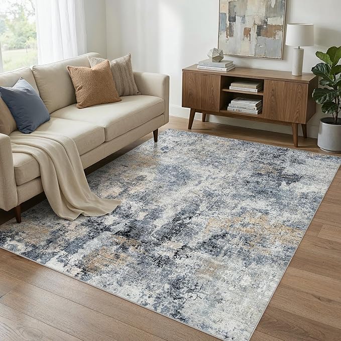 5x7 Area Rug Washable Abstract Rugs for Living Room Blue/Brown | for Bedroom, Dining Room, Office, Nursery, Soft Neutral, Low Pile Non-Slip, Kid Pet Friendly, Large Indoor Carpet, Home Decor