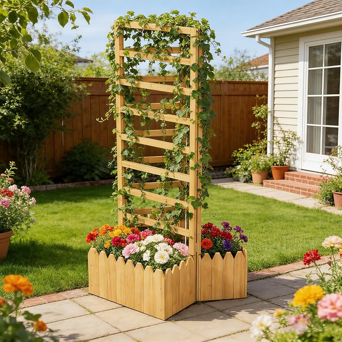 3 Panels Privacy Screen with Planter Box Outdoor,Vertical Raised Garden Bed for Climbing Plants Garden Fence with Trellis & Drain Holes for Vegetables, Flowers on Patio, Balcony & Backyard (Wood2)