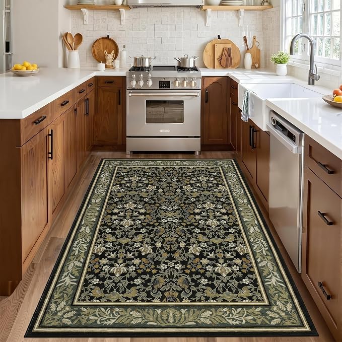 GarveeHome Washable 4x6 Entryway Rugs Non Slip Kitchen Area Rug Green Black | Boho Vintage Soft Low Pile Stain Resistant Indoor Carpet for Living Room Bedroom Hallway Nursery Home Office