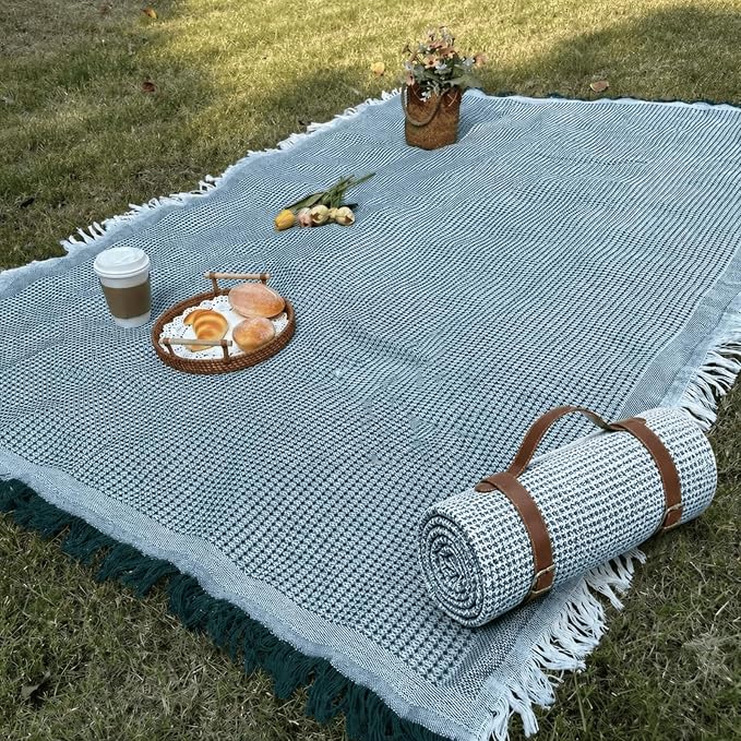 White Picnic Blanket, Extra Large Soft Cotton Gauze Picnic Rug 71"x71", Lightweight Breathable Blanket with Leather Handle, Machine Washable for Beach, Camping, Park, Couples (Green)