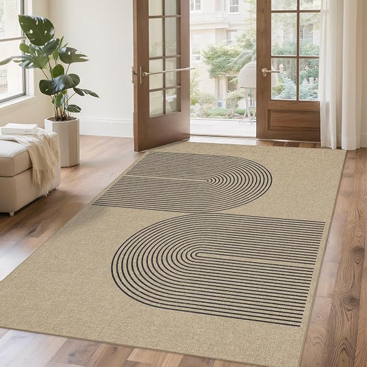 Easy Jute Rug 4x6 Outdoor: Natural Modern Area Rugs for Patio Porch Deck Linen-Look Fabric Durable - Neutral Washable Carpet for Entryway Living Room Bedroom Indoor Non Slip - Black Stripes