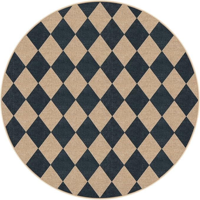 Lahome Colette Checkered Round Rugs 6ft, Washable Easy Jute Circle Patio Rug Indoor Outdoor Rugs for Living Room, Farmhouse Natural Round Area Rug Contemporary Carpet for Entryway Backyard