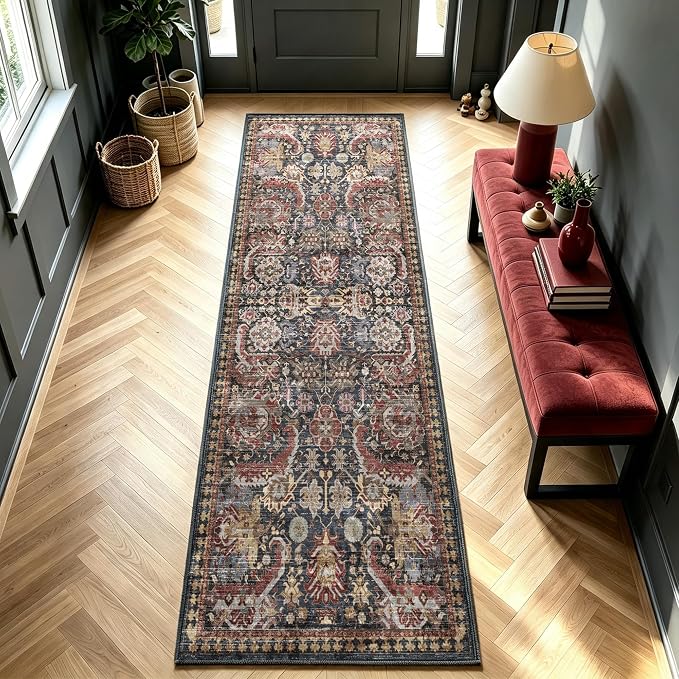 Washable Area Rugs - Perfect for Living Room, Bedroom, Kids Room, Nursery - Stain & Water Resistant Non-Slip, Pet & Child Friendly, Vintage Tribal Area Rugs (Rust, 2'6'' x 8')
