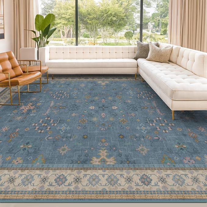 Blue Big Rugs for Living Room - Dusty Blue 10x14 Area Rug for Large Bedroom, Dining Room, Washable Lightweight Low Pile Foldable Eclectic Modern Floral Home Décor