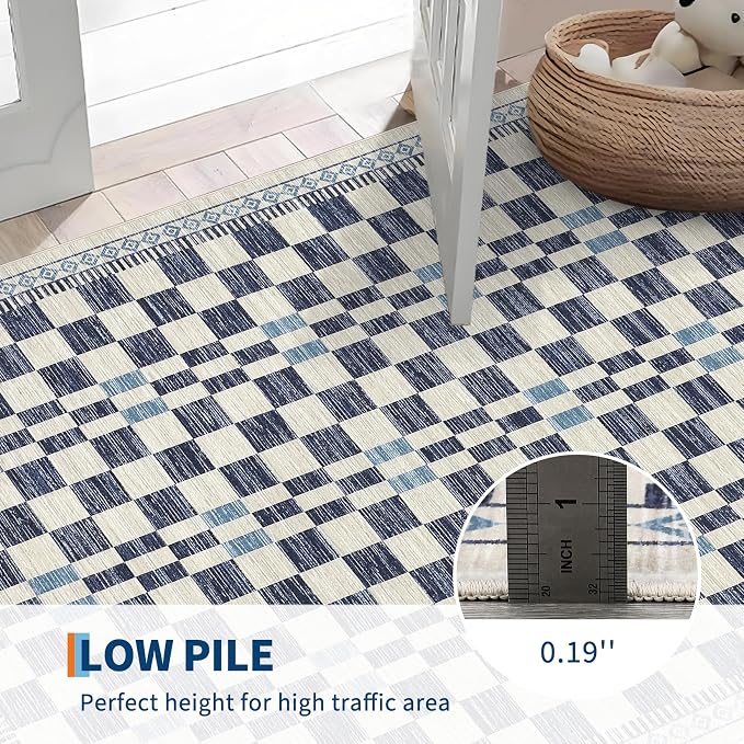 GarveeHome Runner Rug 2x10 for Kitchen Blue Contemporary Checkered Long Rug | Machine Washable Modern Abstract Runners for Bathroom Non-Slip Low Pile Easy-Clean Soft Area Rug for Bedroom Porch Hallway