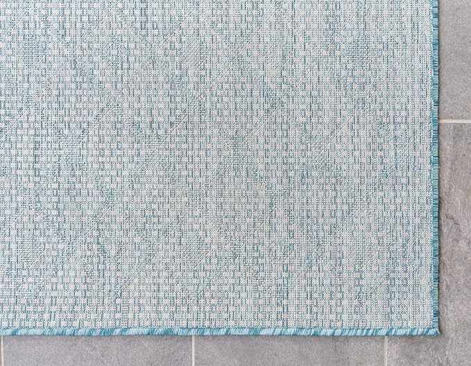 Unique Loom Outdoor Trellis Collection Area Rug - Tribal Trellis (2' x 8' Runner, Aqua/ Ivory)