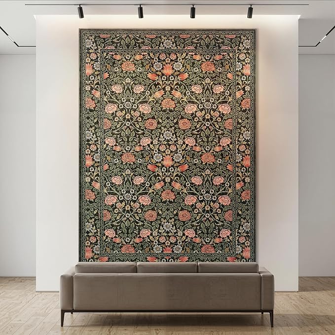 GarveeHome Dark Green Floral Washable Rug 5x7 for Bedroom Living Room | Nursery Dorm Office Rug Vintage Boho Rugs Low-Pile Non-Slip Stain Resistant TPE Backing