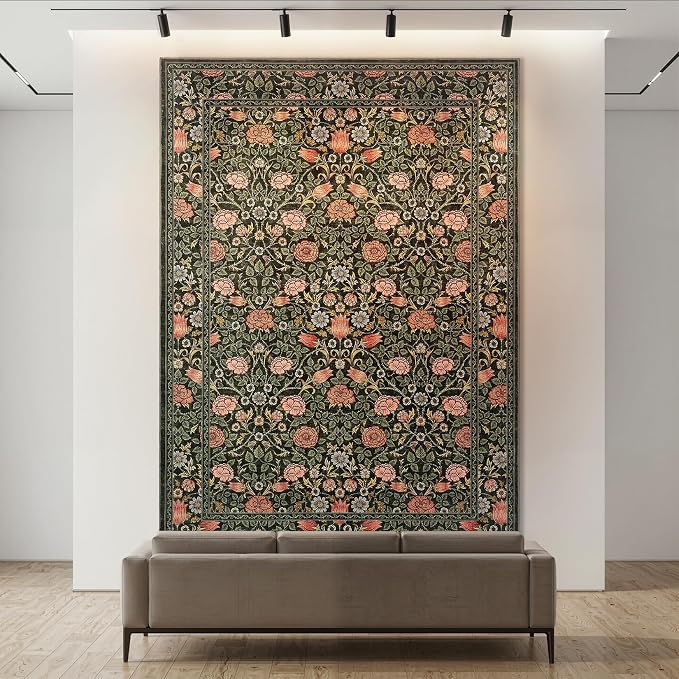 GarveeHome Dark Green Floral 8x10 Area Rugs for Living Room Bedroom | Large Washable Dinning Room Dorm Office Rug Vintage Boho Rugs Low-Pile Non-Slip Stain Resistant TPE Backing